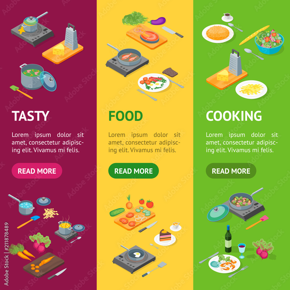 Cooking or Preparation Food Banner Vecrtical Set Isometric View. Vector