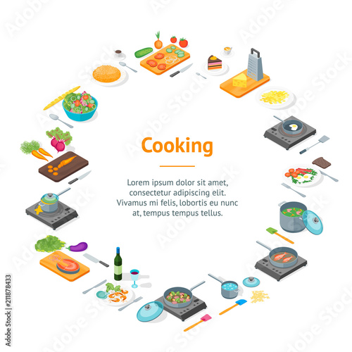 Cooking or Preparation Food Banner Card Circle Isometric View. Vector
