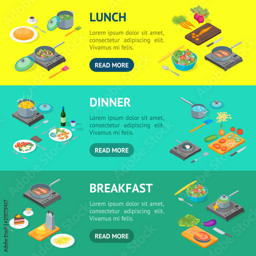 Cooking or Preparation Food Banner Horizontal Set Isometric View. Vector