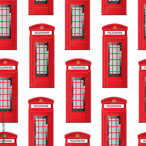 Realistic Detailed 3d Red London Phone Booth Seamless Pattern Background. Vector