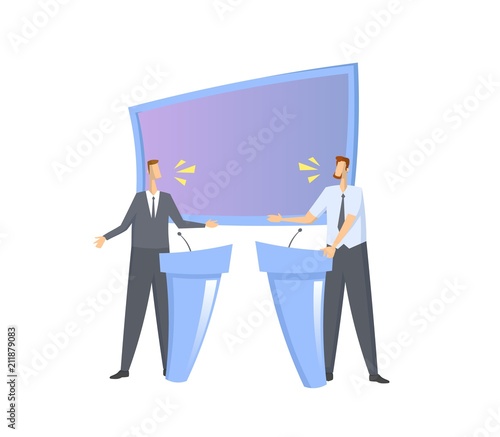 Pre-election debate. Two candidates having an argument in studio with screen and stands. Colorful flat vector illustration. Isolated on white background.