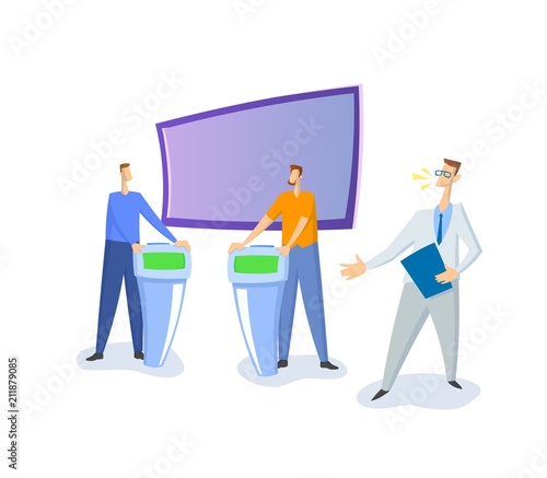 Debate show on TV, guests and host. White studio with screen and stands. Colorful flat vector illustration. Isolated on white background.