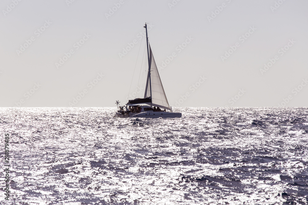 View of catamaran sailing in ocean open water, Mauritius