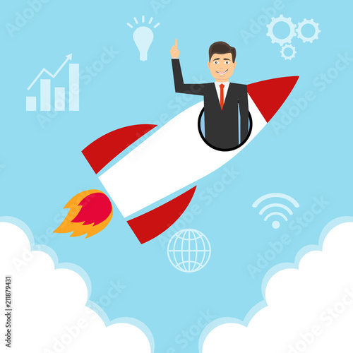 A startup, a startup icon, a rocket flying in the clouds with a man in the form of a startup.