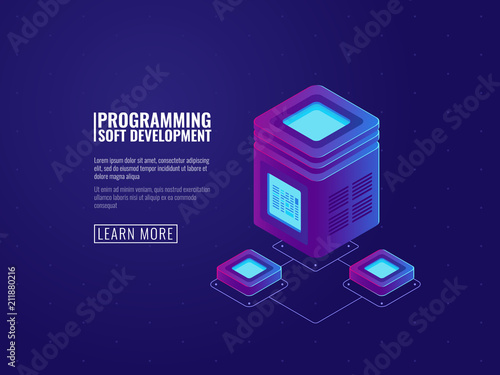 Server room icon, processing of big data, futuristic datacenter, networking and network connection, data transmission isometric vector