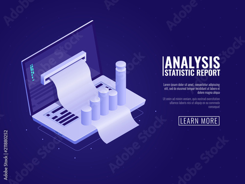 Data analysis and information statistics, business management, business data order, laptop with diagram chart isometric vector