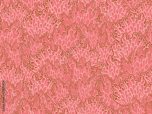 Seamless underwater vector pattern with repeated coral polyps or sea weed in coral red palette. Aquatic sketchy ornament. Hand drawn Red Sea colorful print for textile, paper design, backgrounds.