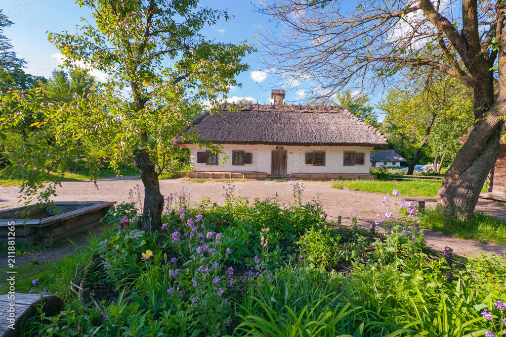 A flower bed with small beautiful flowers and green leaves against the background of an old authenic Ukrainian hut A flower bed with small beautiful flowers and green leaves against the background of an old authenic Ukrainian hut