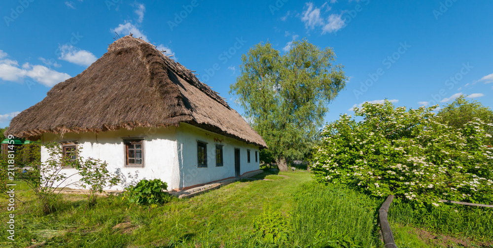House under a thatched roof with white walls in the countryside against a blue sky.