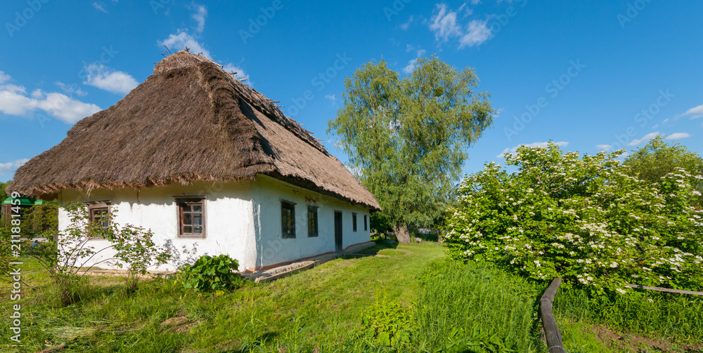House under a thatched roof with white walls in the countryside against a blue sky. House under a thatched roof with white walls in the countryside against a blue sky.