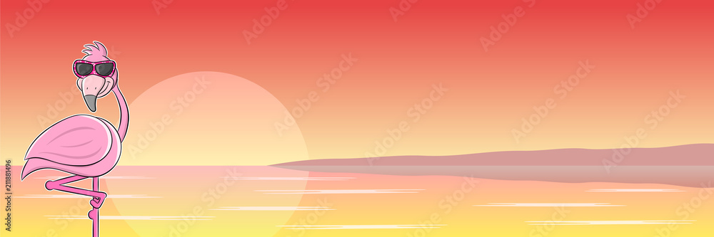 Naklejka premium Kreskówka flaming z okularami przeciwsłonecznymi przed zachodem słońca