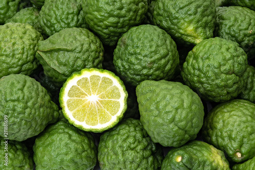 Kaffir limes, one cut citrus fruit for herbal medicine