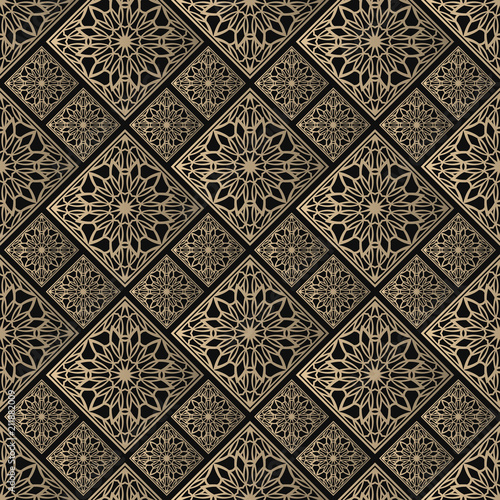 Seamless pattern oriental ornament. Black and golden textile print. Islamic vector design. Floral tiles.
