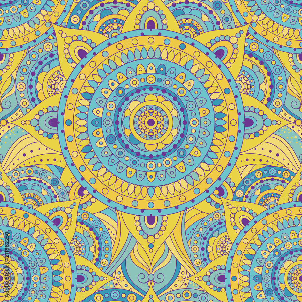 Tribal vintage ethnic seamless pattern with mandalas. Blue and yellow oriental tiled ornament, boho gypsy style. Vector background.