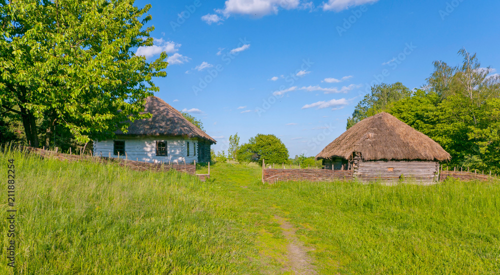 authentic wooden house covered with reeds in the yard under the blue sky authentic wooden house covered with reeds in the yard under the blue sky