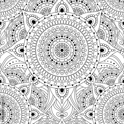 Tribal vintage ethnic seamless pattern with mandalas. Black and white oriental tiled ornament, boho gypsy style. Vector background.