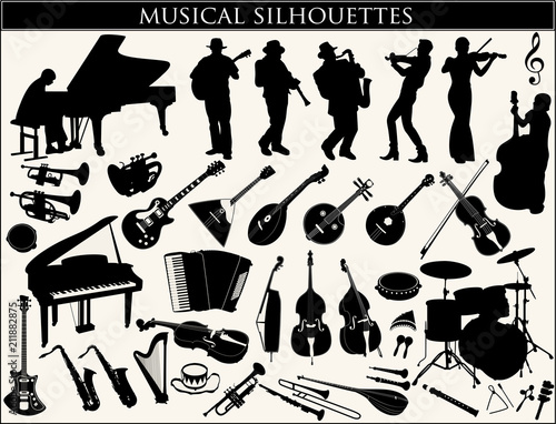 Collection of musical silhouettes on a white background