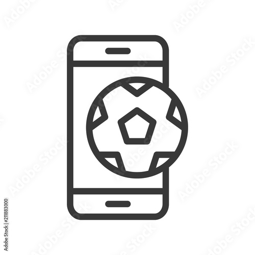 Football or soccer on mobile screen, application or live streaming outline icon