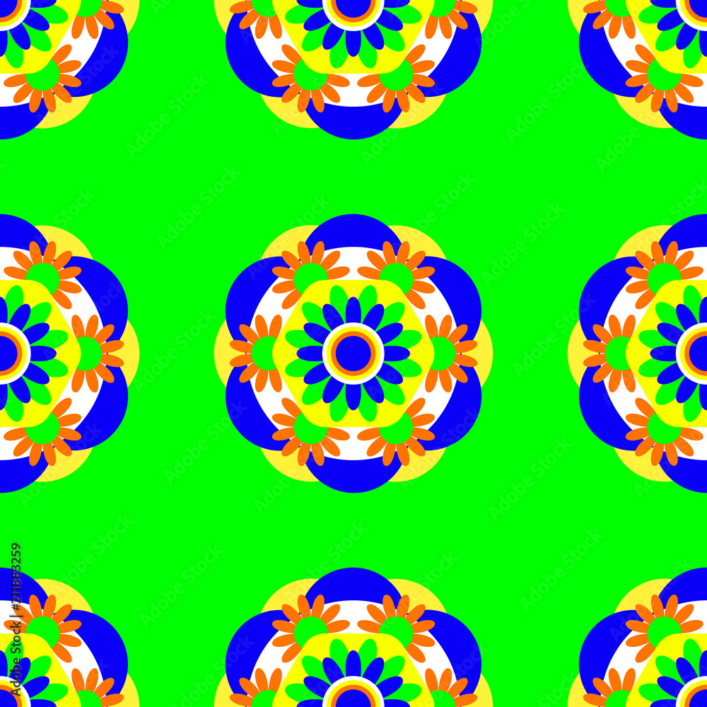 Flower mandala. Seamless pattern. Bright green background
