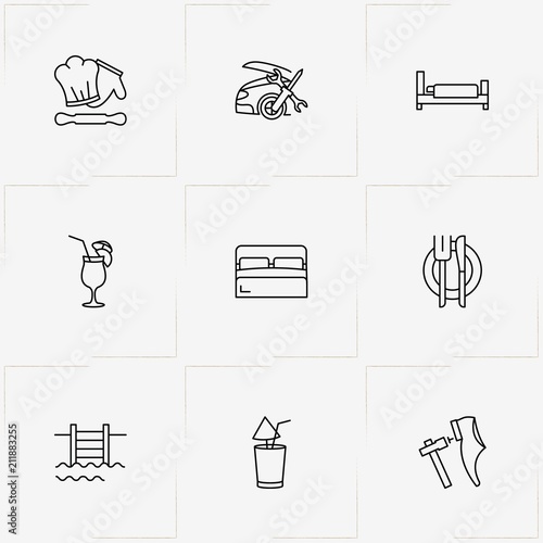 Service line icon set with rolling pin for dough , cocktail and swimming pool ladder