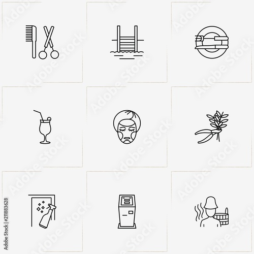 Service line icon set with cocktail, cutlery  and bathhouse