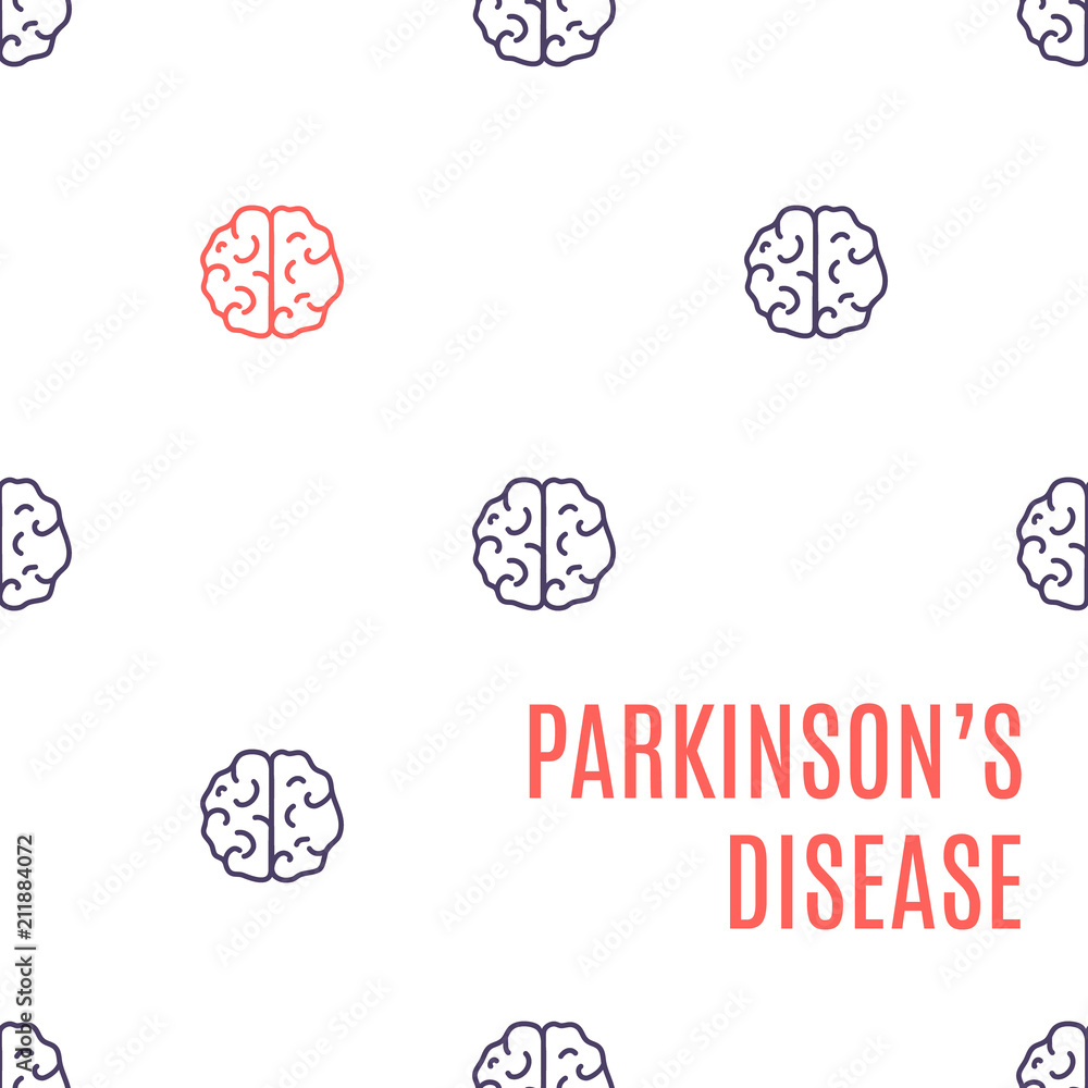 Parkinson's disease poster. Pattern of healthy brain icons with one organ affected by the illness. Top view body anatomy sign. Degenerative disorder of the central nervous system vector illustration. Parkinson's disease poster. Pattern of healthy brain icons with one organ affected by the illness. Top view body anatomy sign. Degenerative disorder of the central nervous system vector illustration.