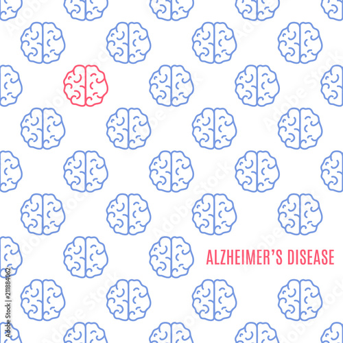 Alzheimer's disease poster. Medical pattern of healthy brains and one affected by the illness. Top view anatomy sign. Chronic neurodegenerative disorder symbol. Internal organ vector illustration.