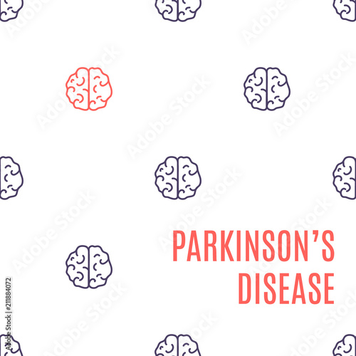 Parkinson's disease poster. Pattern of healthy brain icons with one organ affected by the illness. Top view body anatomy sign. Degenerative disorder of the central nervous system vector illustration.