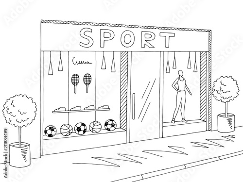 Sport store shop exterior graphic black white sketch illustration vector