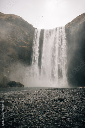 Skogafoss Waterfall, southern part of Iceland, at overcast weather