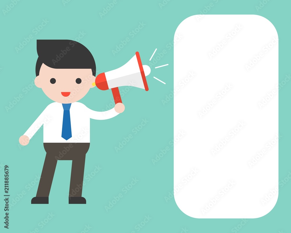 Businessman hold megaphone and blank speech bubble for use as template of poster, banner, ready to use character Businessman hold megaphone and blank speech bubble for use as template of poster, banner, ready to use character