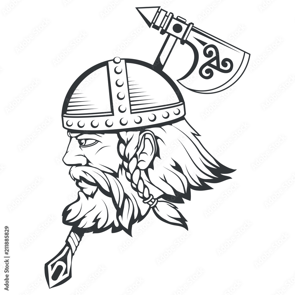 Hand drawn of a viking in a helmet. Scandinavian traditional weapons.  Cartoon bearded man character. Viking tattoo. Traditional norse ornament.  Norse mythology. Vector graphics to design Stock Vector | Adobe Stock