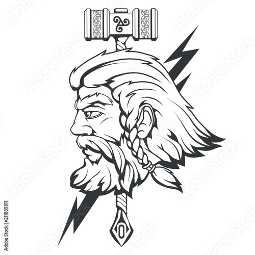 Scandinavian god of thunder and storm. Hand drawing of Thor's Head. The hammer of Thor - mjolnir. Son of Odin. Cartoon bearded man character. Norse mythology. Vector graphics to design