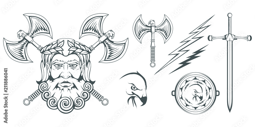 Zeus - the ancient Greek god of heaven, thunder and lightning. Greek mythology. Two-sided ax, labrys, and eagle. Olympian gods collection. Hand drawn Man Head. Bearded man. Vector graphics to design