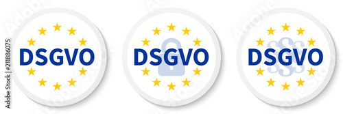DSGVO Weißer Kreis Aufkleber Set mit EU-Flagge, Vorhängeschloss und Paragraphenzeichen.
