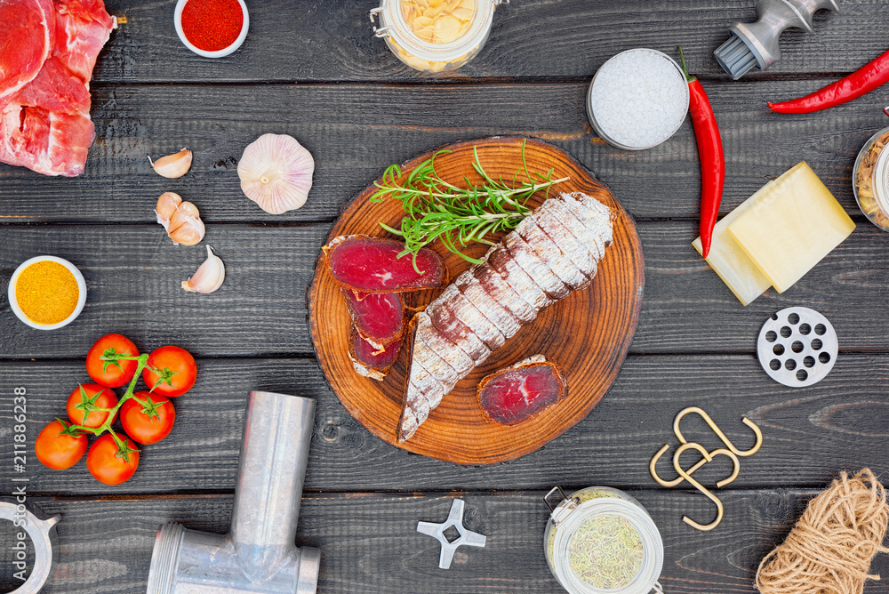 Ingredients of the production of cured sausage. Ingredients of the production of cured sausage.