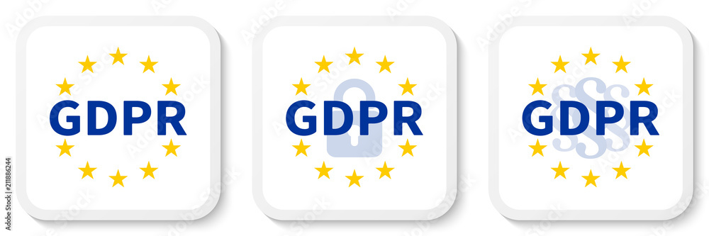 GDPR white square sticker set with the EU flag, the padlock icon and paragraph marks. GDPR white square sticker set with the EU flag, the padlock icon and paragraph marks.