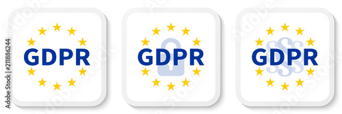 GDPR white square sticker set with the EU flag, the padlock icon and paragraph marks.