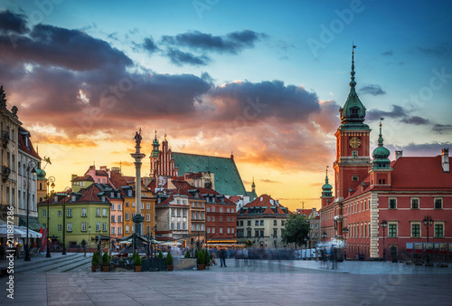 Royal Castle, ancient townhouses and Sigismund's Column in Old town in Warsaw, Poland. Evening view, long exposure. photo