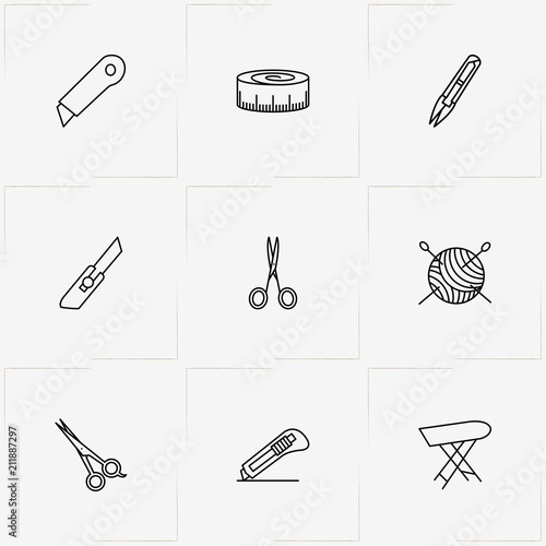 Sewing line icon set with sewing hank, cutter and flatiron table