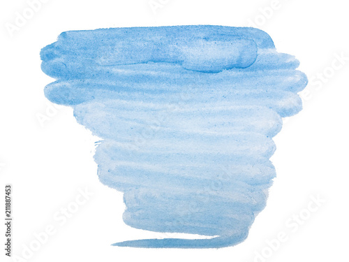 blue, azure watercolor hand-drawn isolated wash stain on white background for text, design. Abstract texture made by brush for wallpaper, label.
