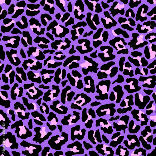 Neon purple and pink leopard seamless pattern in 80s-90s style. Exotic animal background. 