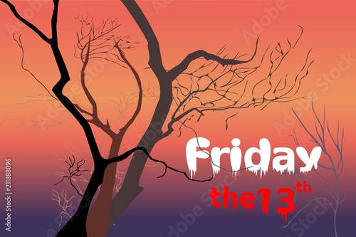 Dead trees at night (dusk) time after sunset (violet / purple, red, orange light) with white Friday and red 