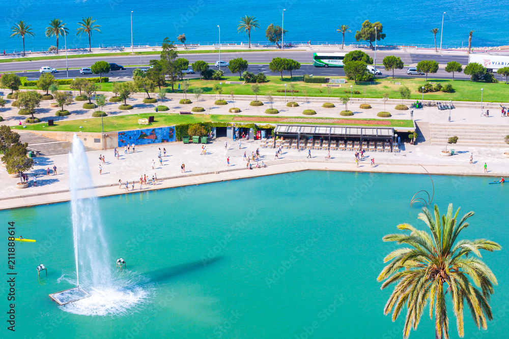 View of Parc de la Mar (Park of the Sea) with the sea in the background from the terrace of the Cathedral of Santa Maria of Palma, also known as La Seu