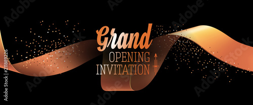 Grand opening black invitation card design with gold ribbon and confetti. Festive template can be used for banners, flyers, posters.