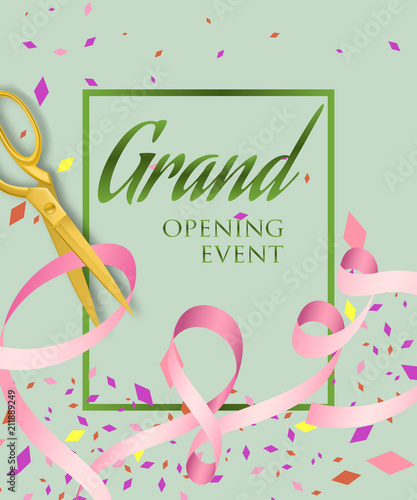 Grand opening event lettering in frame with ribbon and confetti. Opening event invitation design. Typed text, calligraphy. For leaflets, brochures, invitations, posters or banners.