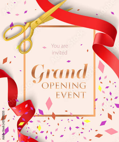 Grand opening event lettering with confetti. Opening event invitation design. Typed text, calligraphy. For leaflets, brochures, invitations, posters or banners.