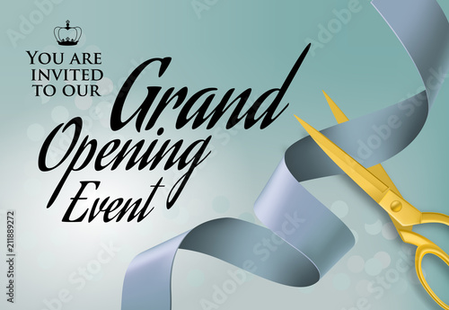 Grand opening event lettering with cutting scissors. Blue background with swirl ribbon. Illustration with lettering can be used for invitation cards, layout, posters and leaflets