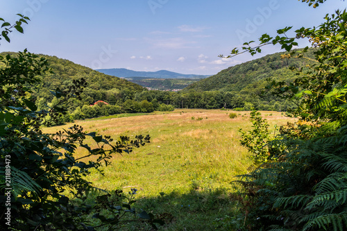 A beautiful view of the meadow with a low grass lying between the mountain slopes © adamchuk_leo
