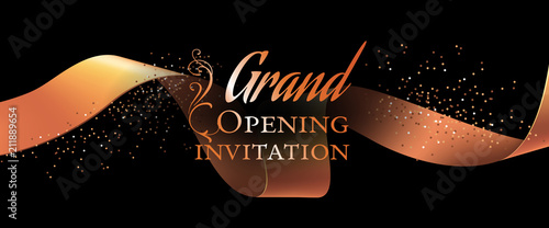 Grand opening invitation flyer template with gold ribbon, swirls and confetti on black background. Festive design can be used for banners, invitation cards, posters